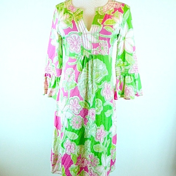 LILLY PULITZER PINK Green white silk knit FLORAL Caftan TUNIC DRESS S - Picture 3 of 7